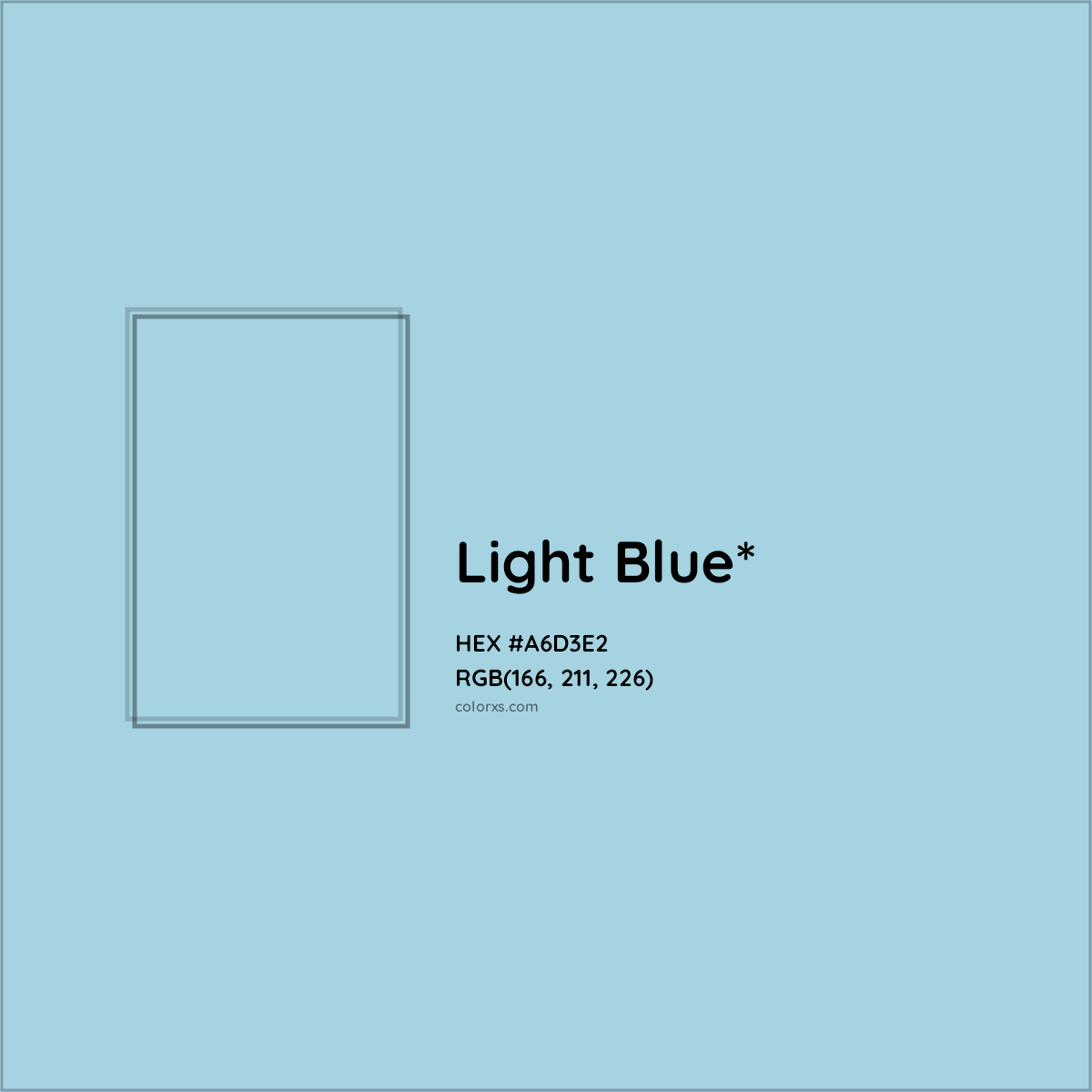 #A6D3E2 hex color. RGB, RYB, CMYK, HSL, HSV codes and color conversions. Matching color names, palettes, paints.