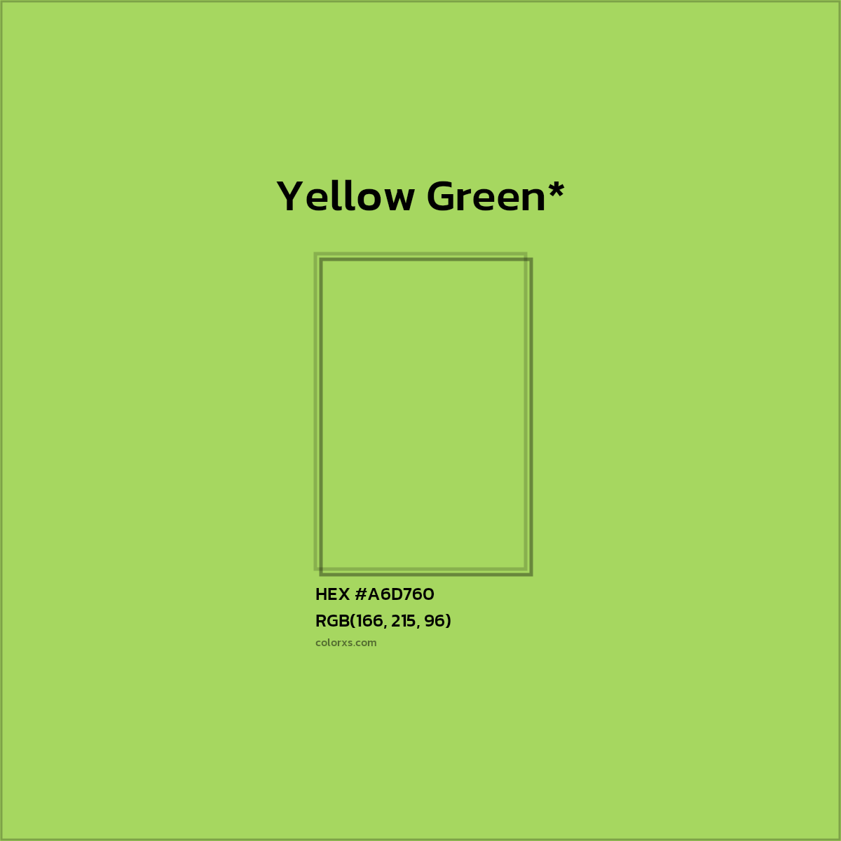 #A6D760 hex color. RGB, RYB, CMYK, HSL, HSV codes and color conversions. Matching color names, palettes, paints.