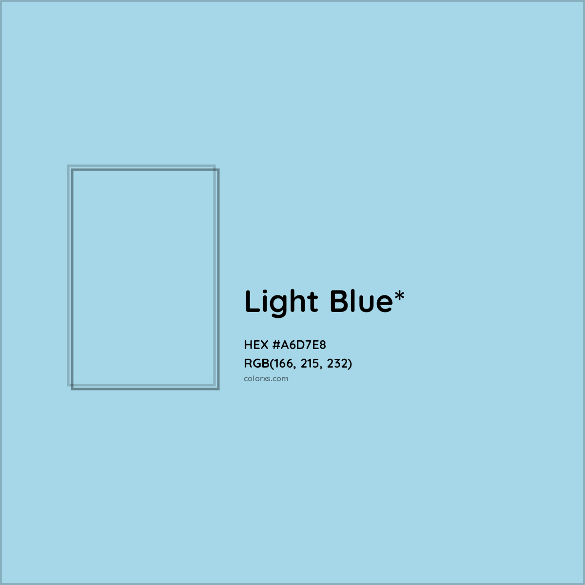 #A6D7E8 hex color. RGB, RYB, CMYK, HSL, HSV codes and color conversions. Matching color names, palettes, paints.