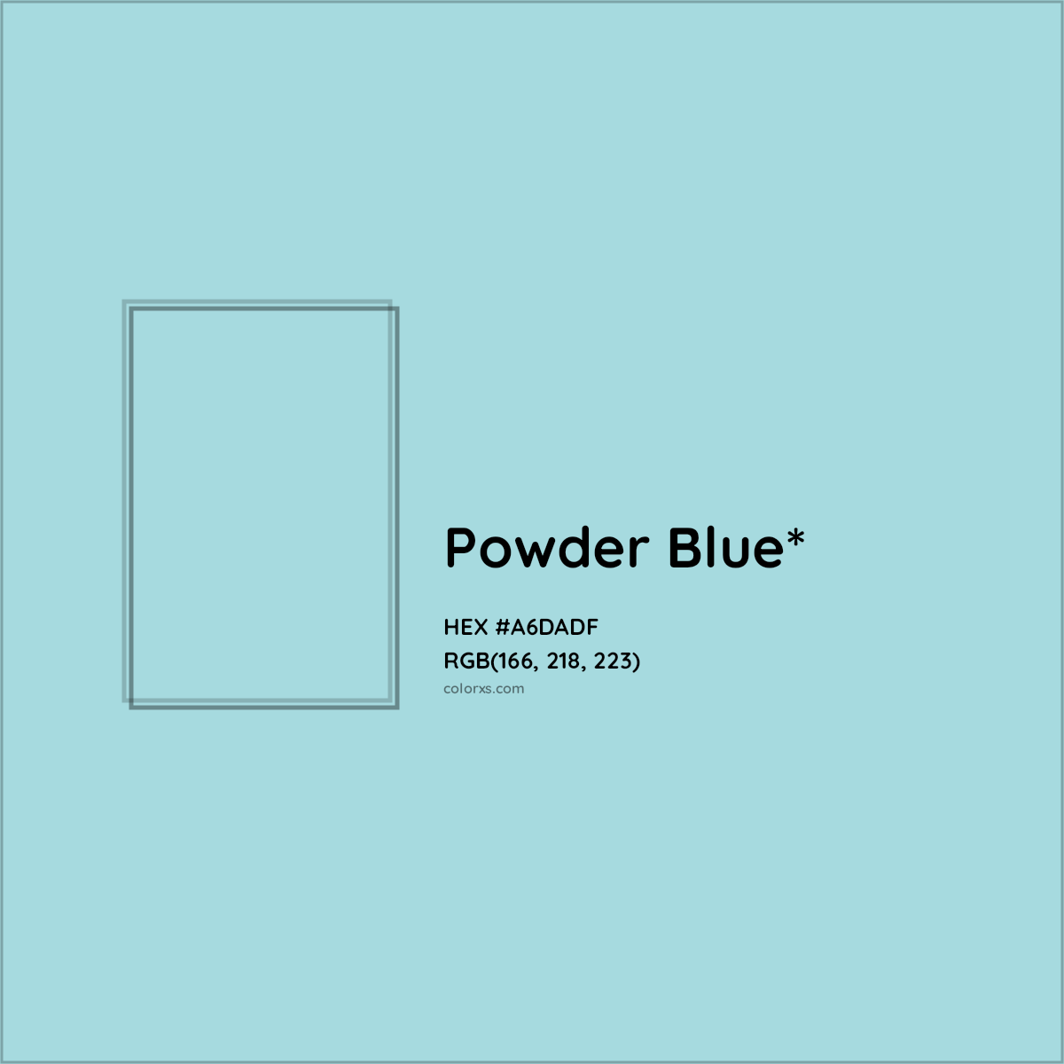 #A6DADF hex color. RGB, RYB, CMYK, HSL, HSV codes and color conversions. Matching color names, palettes, paints.