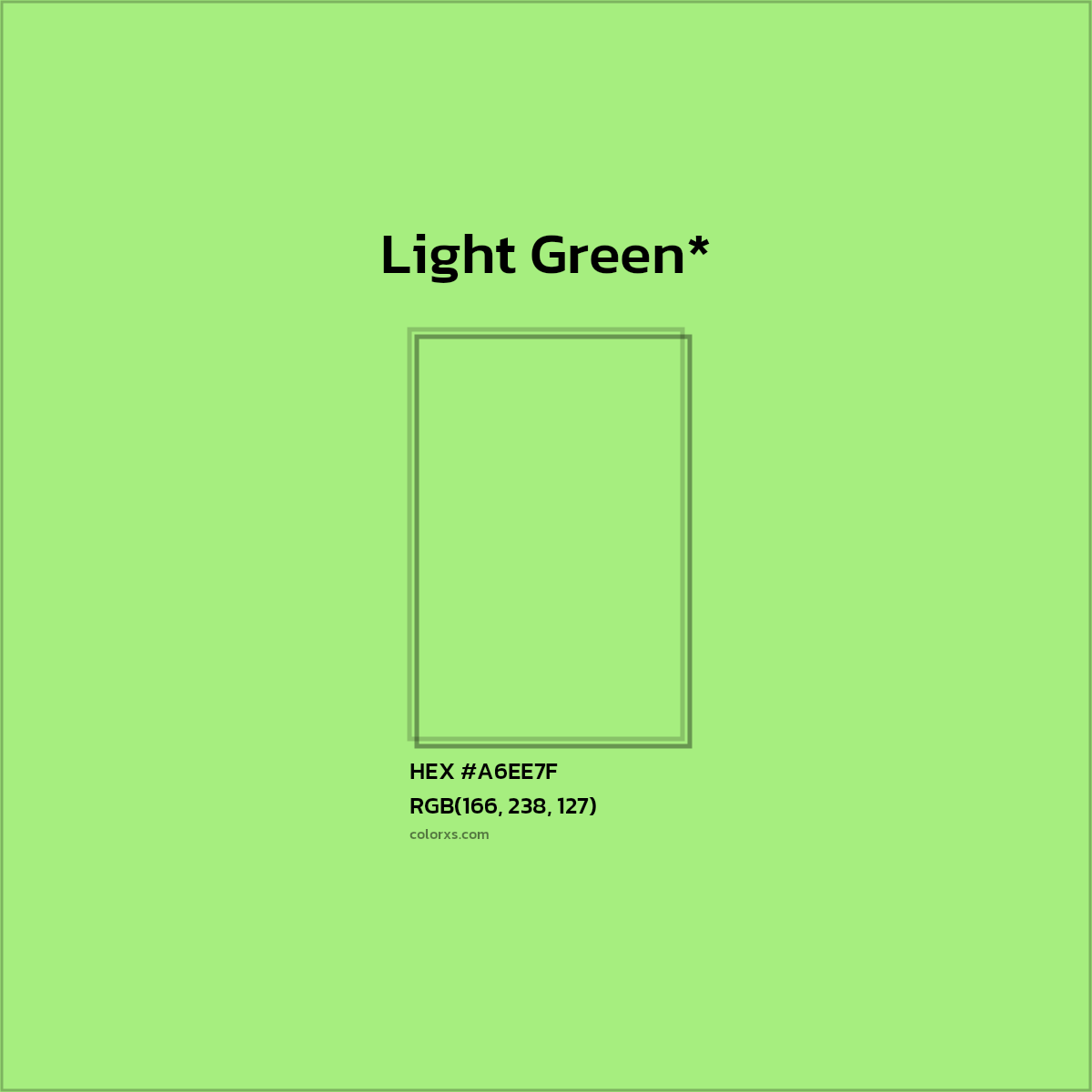 #A6EE7F hex color. RGB, RYB, CMYK, HSL, HSV codes and color conversions. Matching color names, palettes, paints.