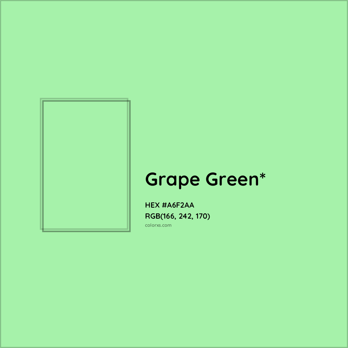 #A6F2AA hex color. RGB, RYB, CMYK, HSL, HSV codes and color conversions. Matching color names, palettes, paints.