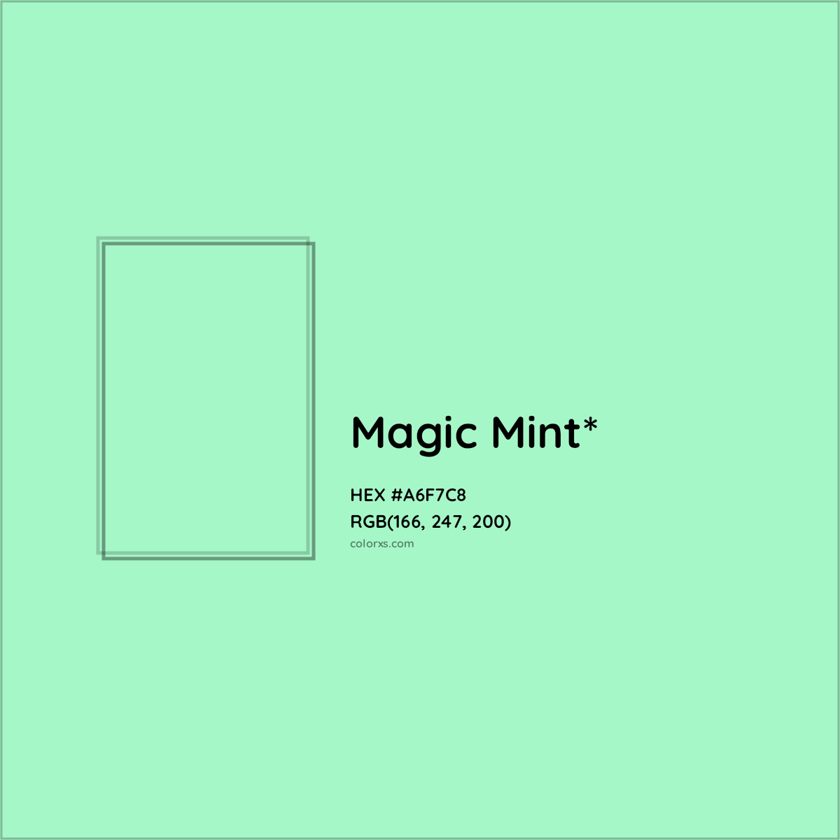 #A6F7C8 hex color. RGB, RYB, CMYK, HSL, HSV codes and color conversions. Matching color names, palettes, paints.