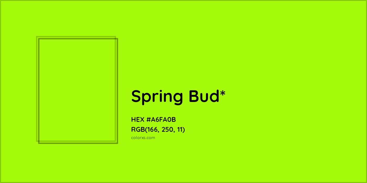 #A6FA0B hex color. RGB, RYB, CMYK, HSL, HSV codes and color conversions. Matching color names, palettes, paints.