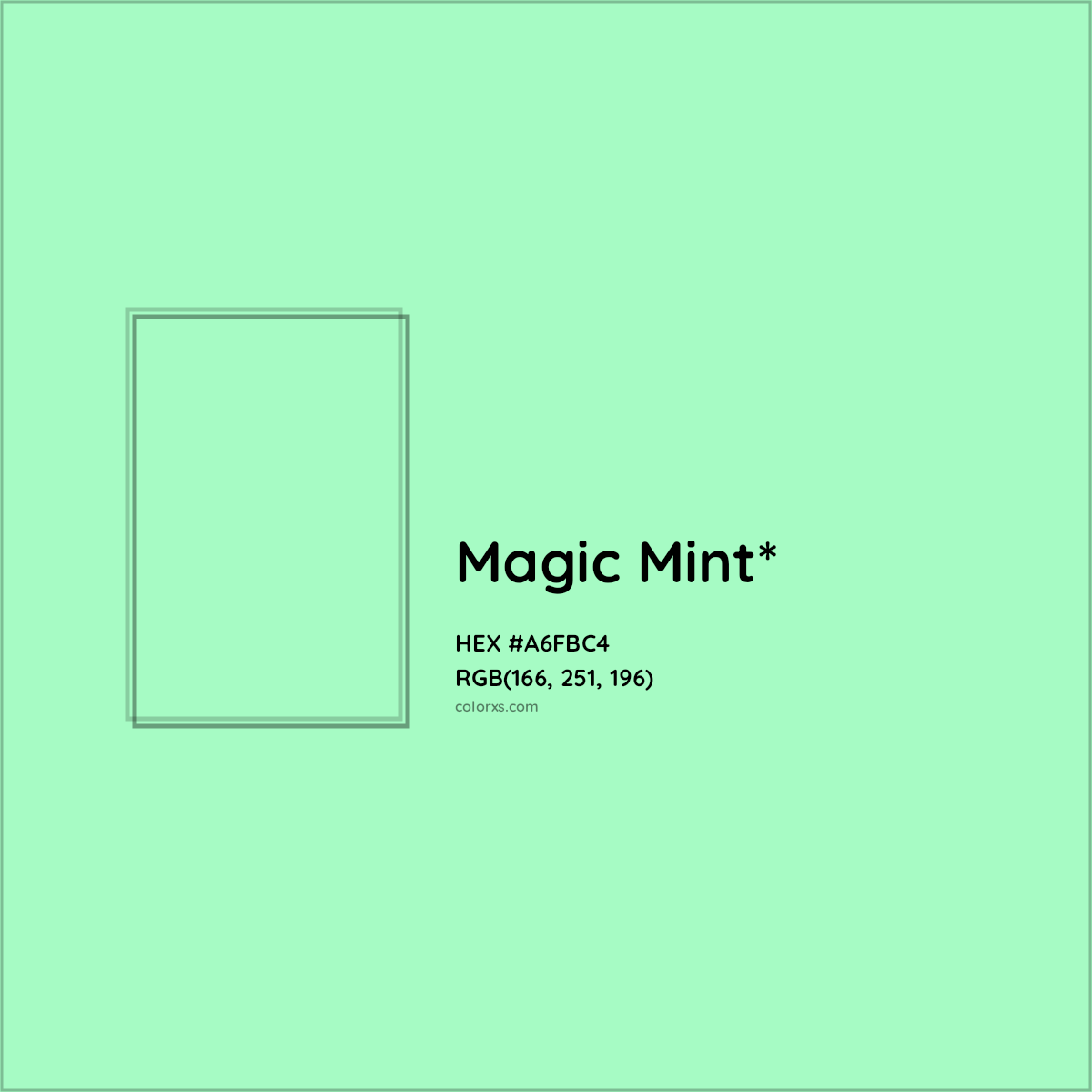 #A6FBC4 hex color. RGB, RYB, CMYK, HSL, HSV codes and color conversions. Matching color names, palettes, paints.