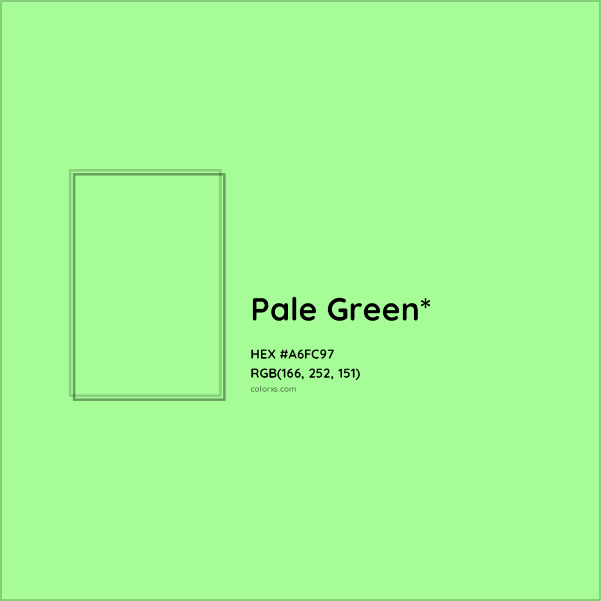 #A6FC97 hex color. RGB, RYB, CMYK, HSL, HSV codes and color conversions. Matching color names, palettes, paints.