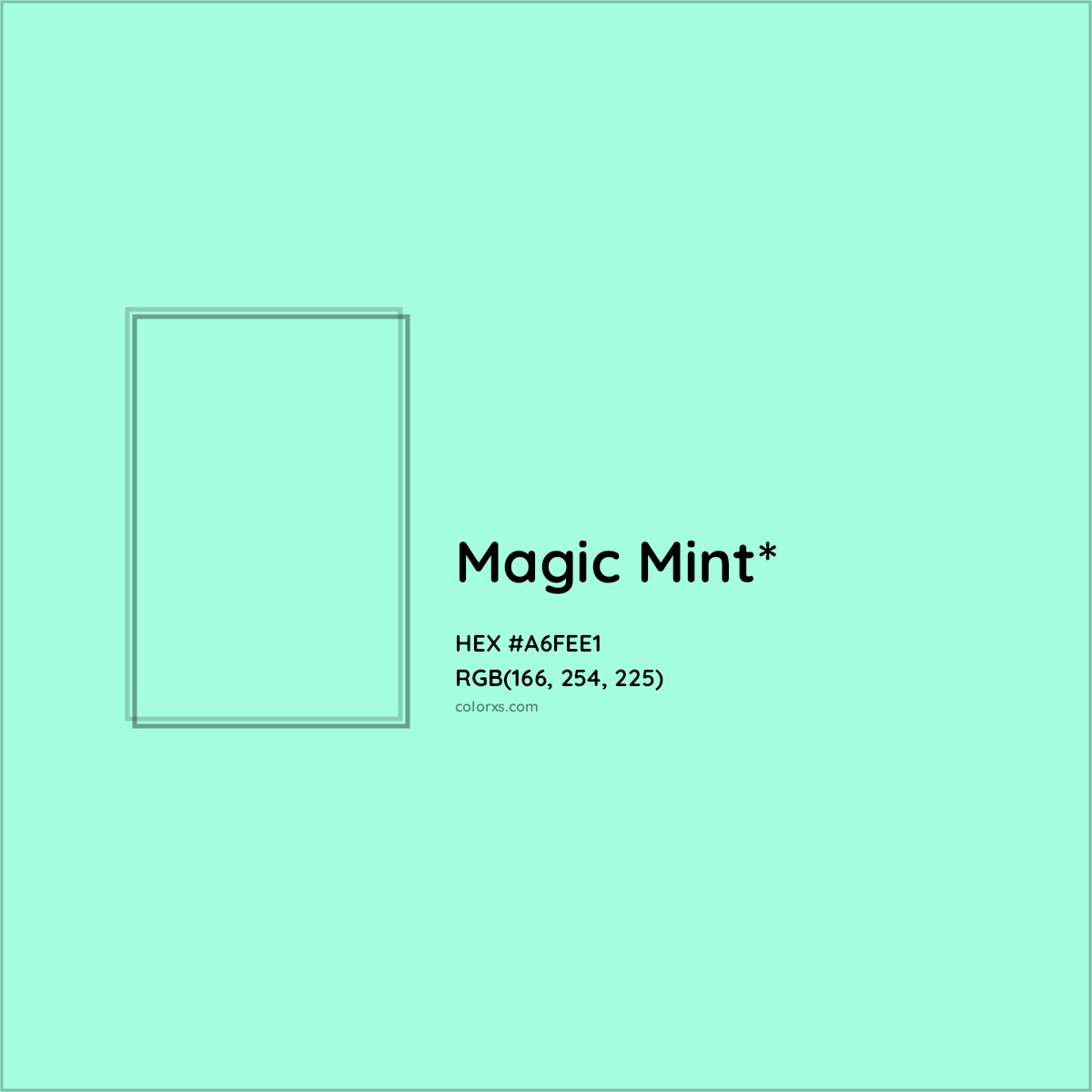 #A6FEE1 hex color. RGB, RYB, CMYK, HSL, HSV codes and color conversions. Matching color names, palettes, paints.