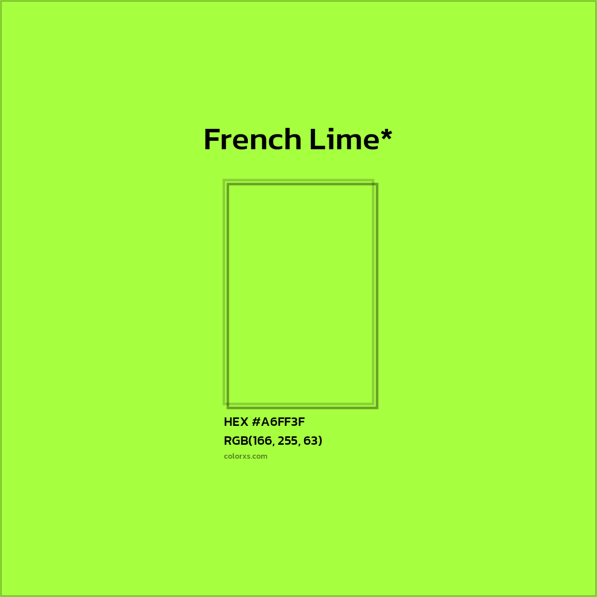#A6FF3F hex color. RGB, RYB, CMYK, HSL, HSV codes and color conversions. Matching color names, palettes, paints.