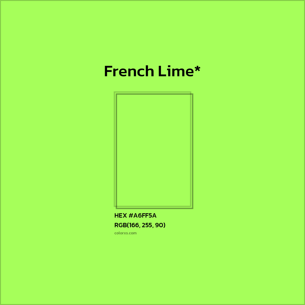 #A6FF5A hex color. RGB, RYB, CMYK, HSL, HSV codes and color conversions. Matching color names, palettes, paints.