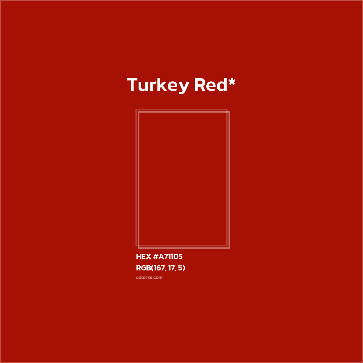 #A71105 hex color. RGB, RYB, CMYK, HSL, HSV codes and color conversions. Matching color names, palettes, paints.