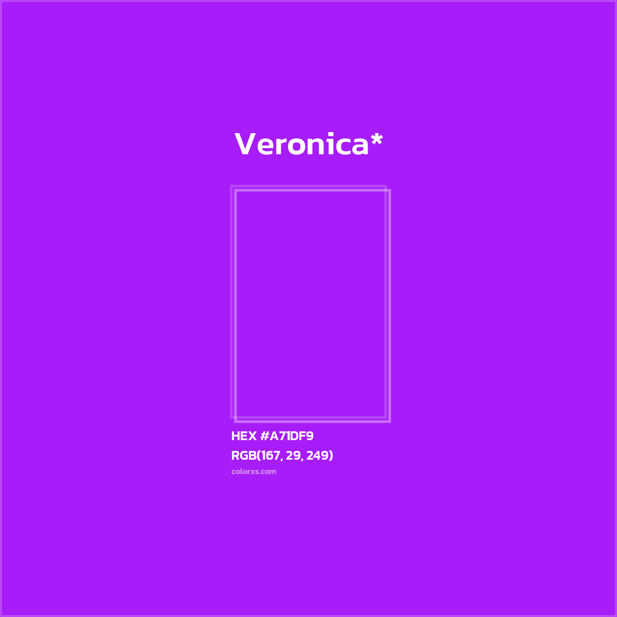 #A71DF9 hex color. RGB, RYB, CMYK, HSL, HSV codes and color conversions. Matching color names, palettes, paints.