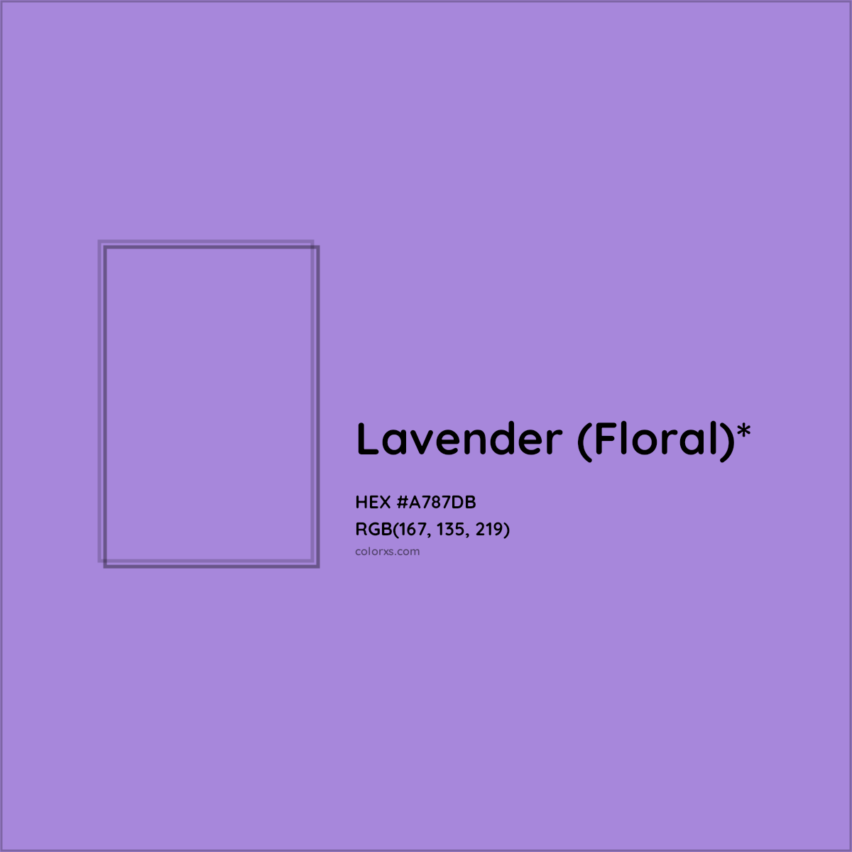 #A787DB hex color. RGB, RYB, CMYK, HSL, HSV codes and color conversions. Matching color names, palettes, paints.