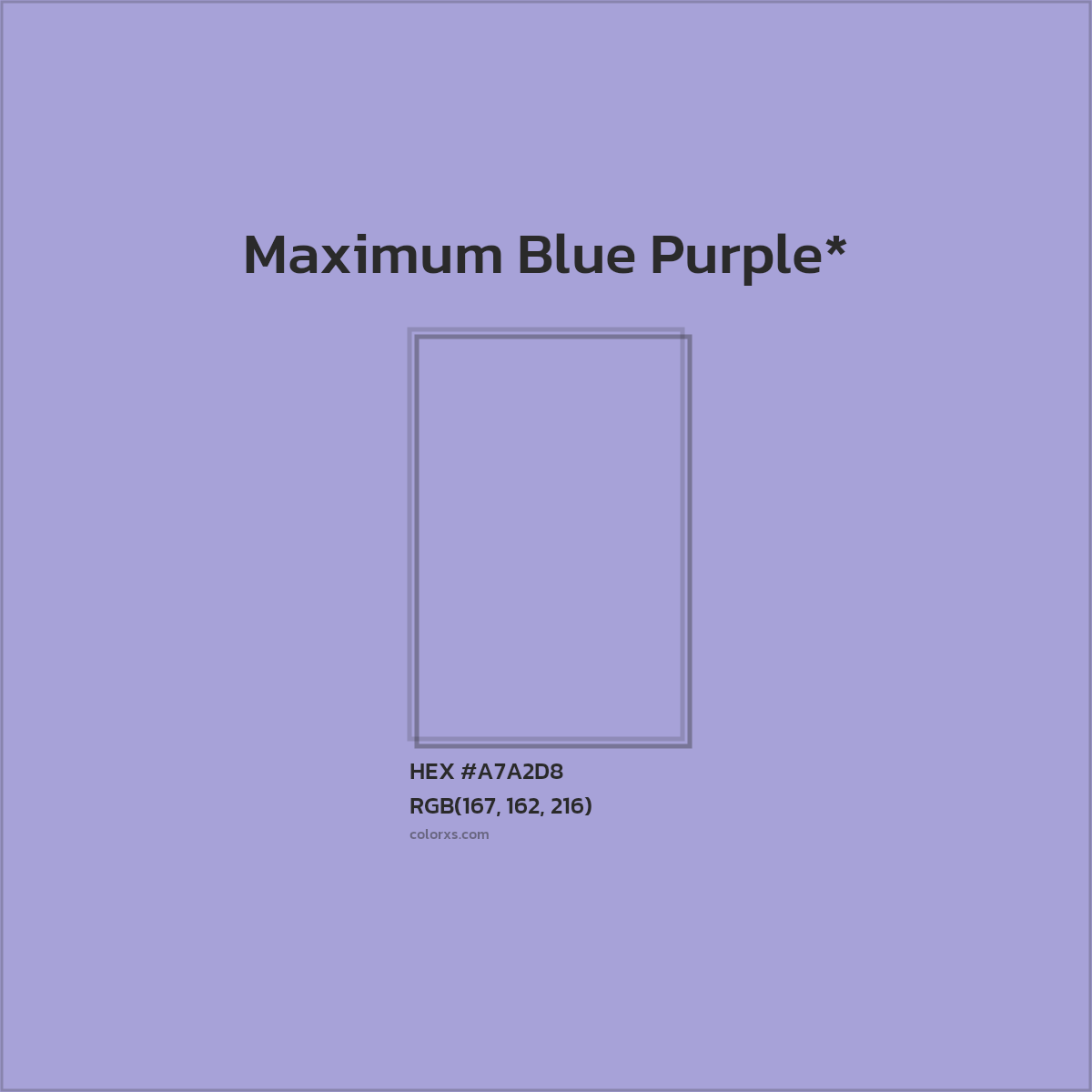 #A7A2D8 hex color. RGB, RYB, CMYK, HSL, HSV codes and color conversions. Matching color names, palettes, paints.