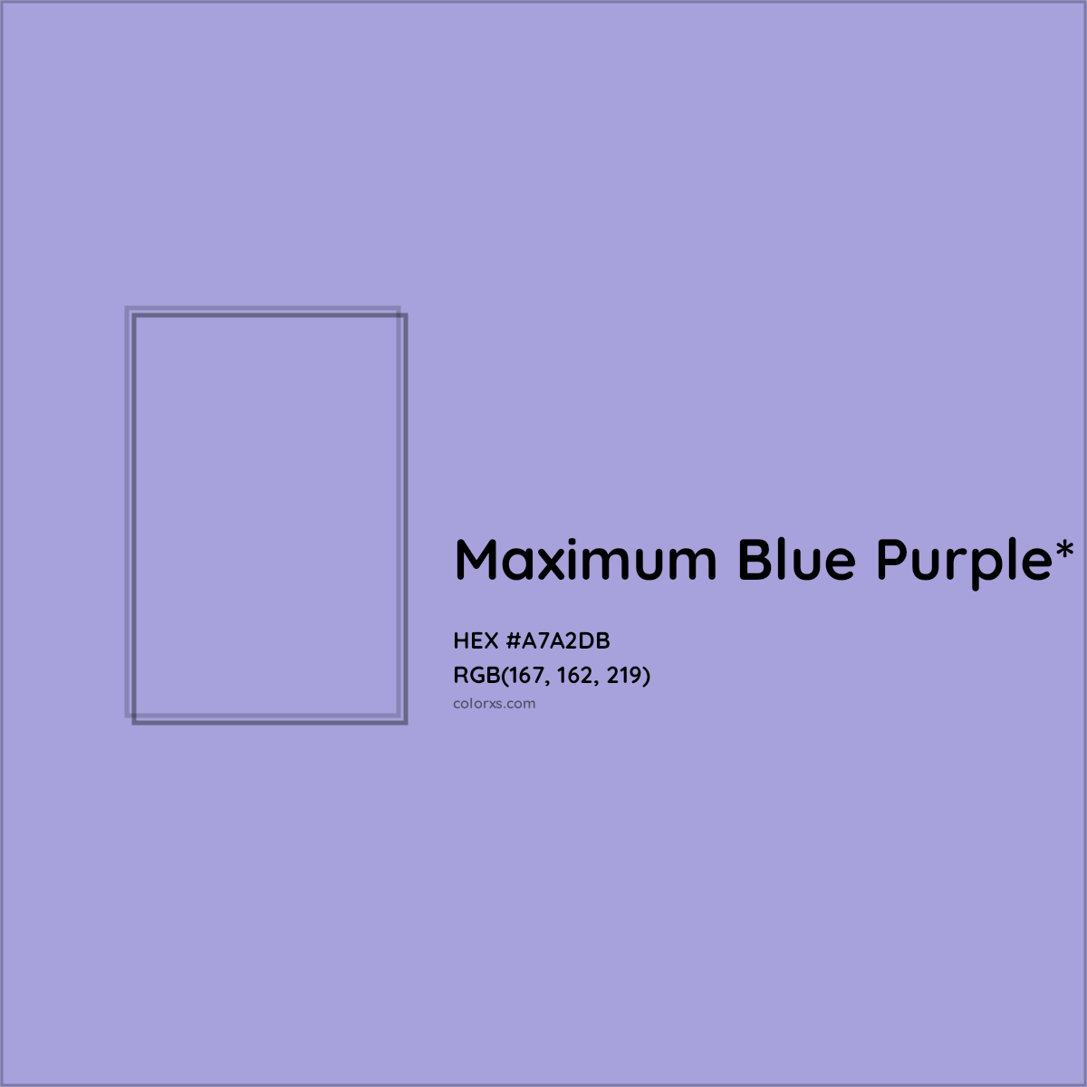 #A7A2DB hex color. RGB, RYB, CMYK, HSL, HSV codes and color conversions. Matching color names, palettes, paints.