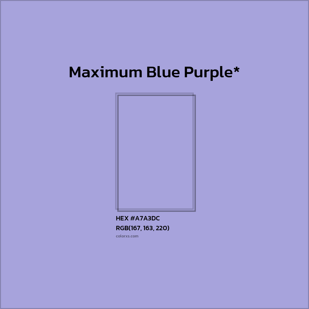 #A7A3DC hex color. RGB, RYB, CMYK, HSL, HSV codes and color conversions. Matching color names, palettes, paints.