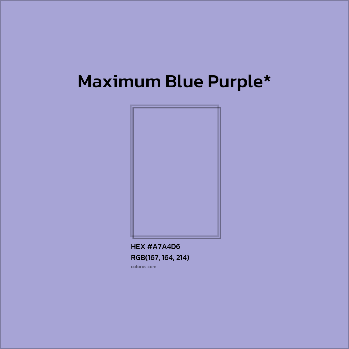 #A7A4D6 hex color. RGB, RYB, CMYK, HSL, HSV codes and color conversions. Matching color names, palettes, paints.