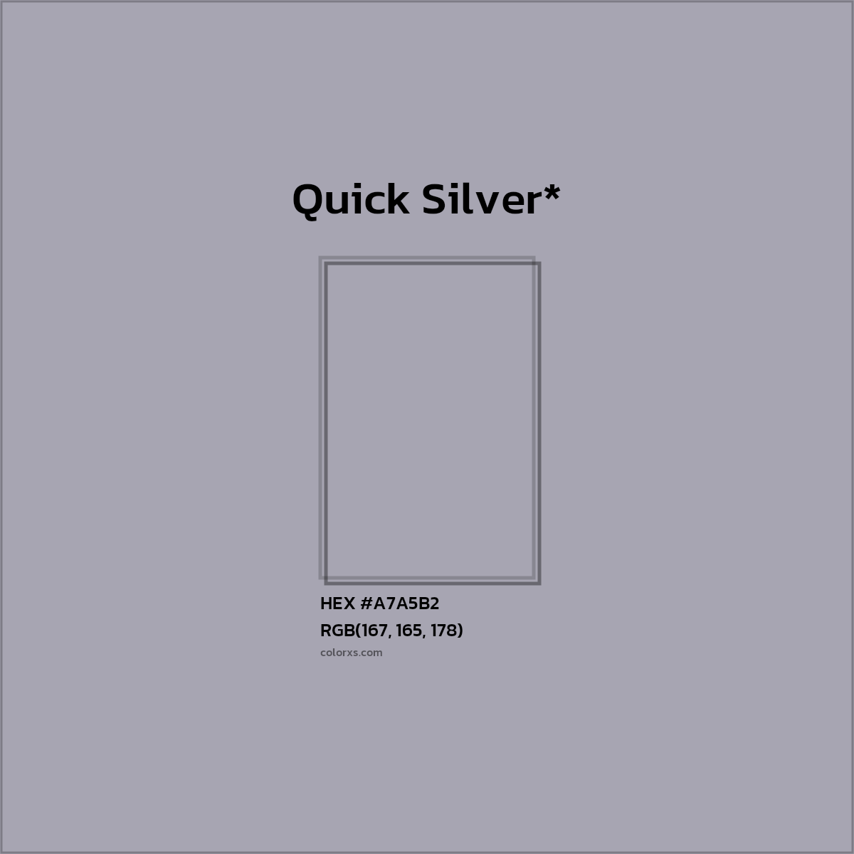 #A7A5B2 hex color. RGB, RYB, CMYK, HSL, HSV codes and color conversions. Matching color names, palettes, paints.