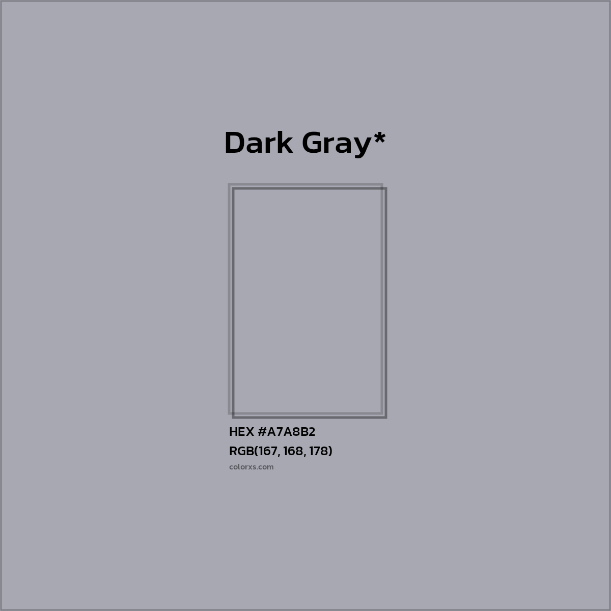 #A7A8B2 hex color. RGB, RYB, CMYK, HSL, HSV codes and color conversions. Matching color names, palettes, paints.