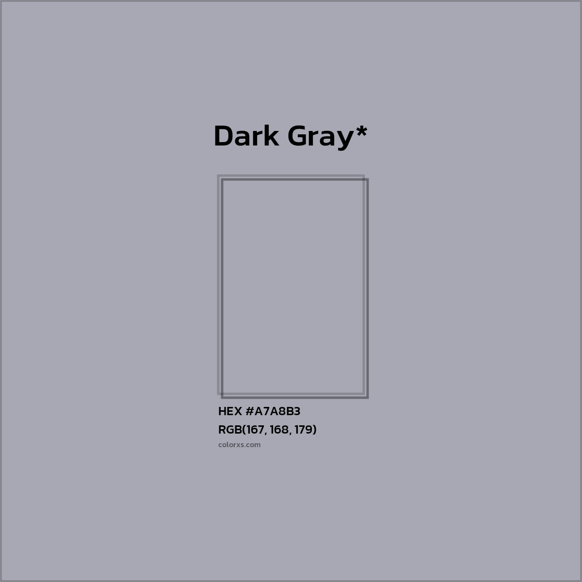 #A7A8B3 hex color. RGB, RYB, CMYK, HSL, HSV codes and color conversions. Matching color names, palettes, paints.