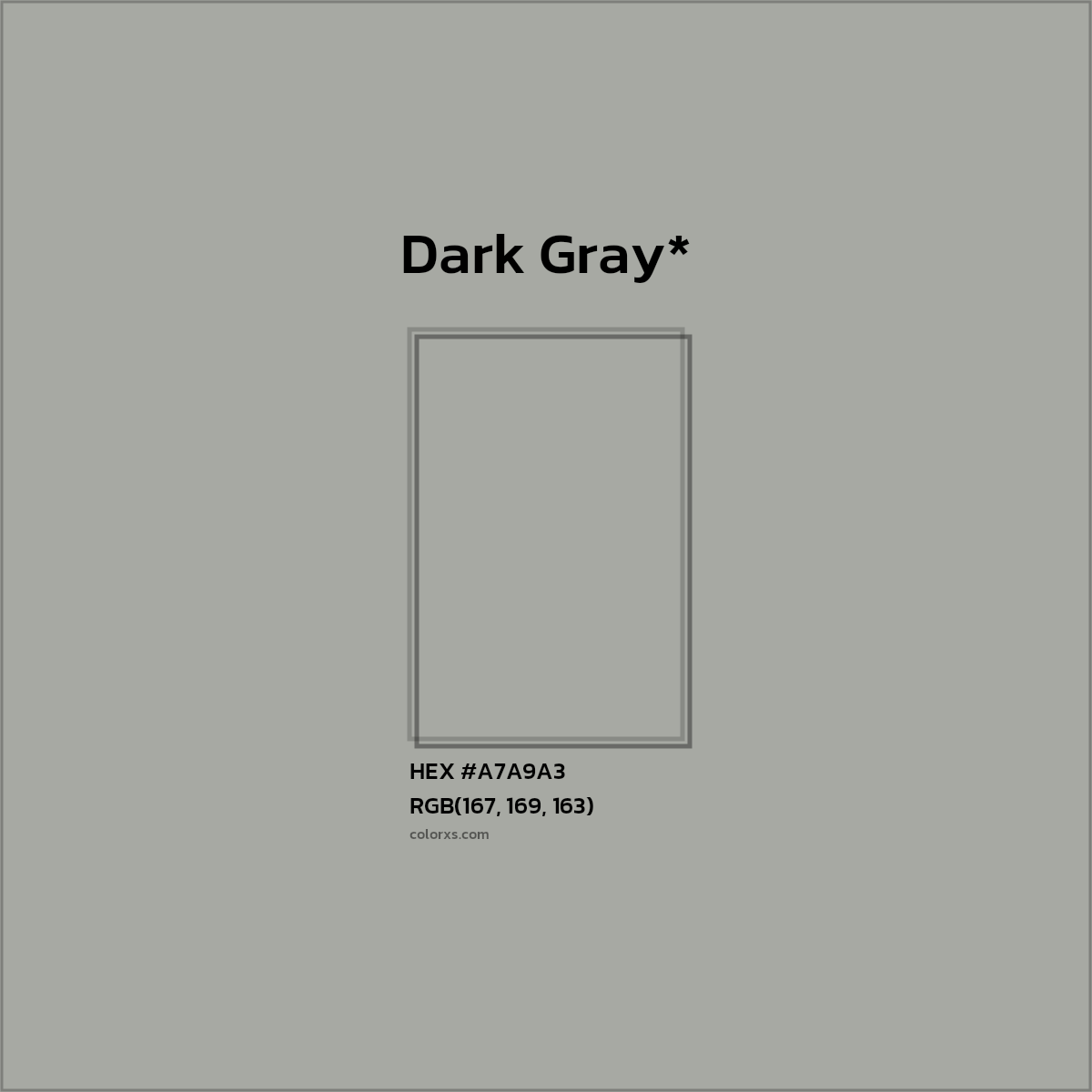 #A7A9A3 hex color. RGB, RYB, CMYK, HSL, HSV codes and color conversions. Matching color names, palettes, paints.