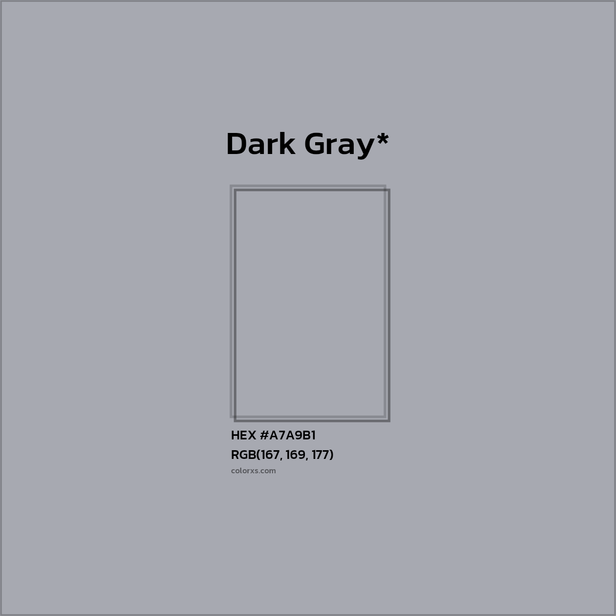 #A7A9B1 hex color. RGB, RYB, CMYK, HSL, HSV codes and color conversions. Matching color names, palettes, paints.