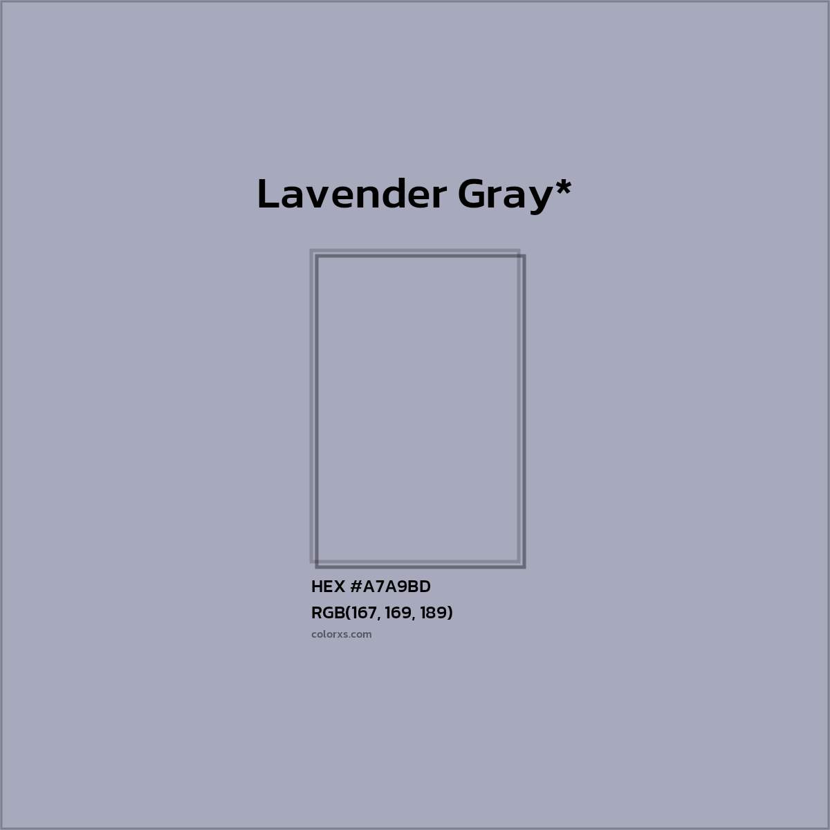 #A7A9BD hex color. RGB, RYB, CMYK, HSL, HSV codes and color conversions. Matching color names, palettes, paints.