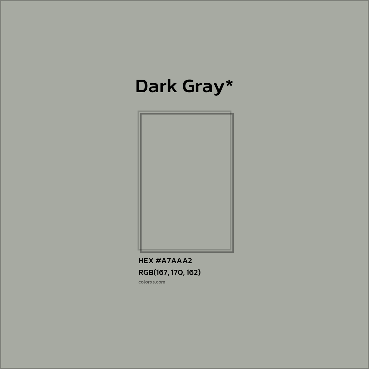 #A7AAA2 hex color. RGB, RYB, CMYK, HSL, HSV codes and color conversions. Matching color names, palettes, paints.