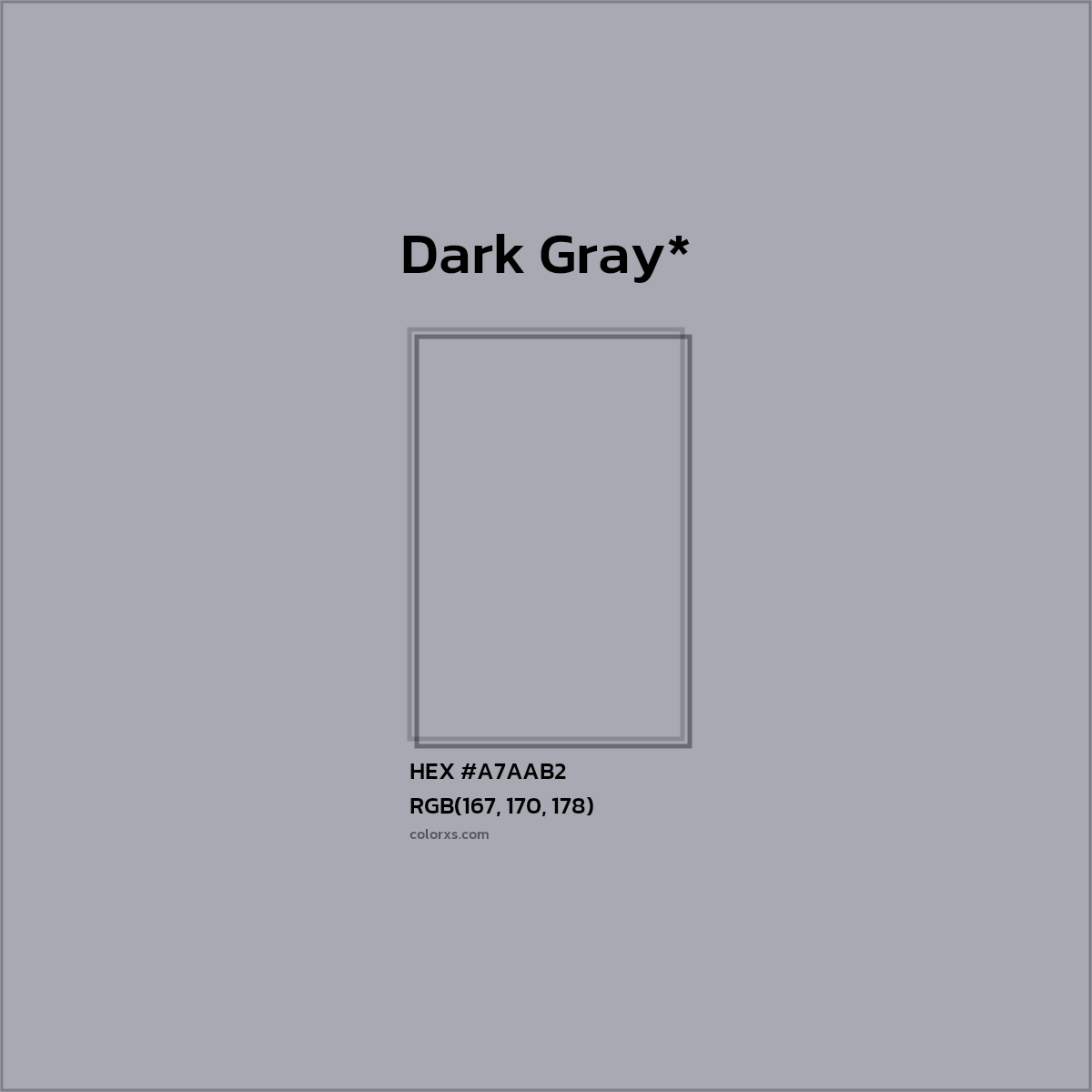 #A7AAB2 hex color. RGB, RYB, CMYK, HSL, HSV codes and color conversions. Matching color names, palettes, paints.