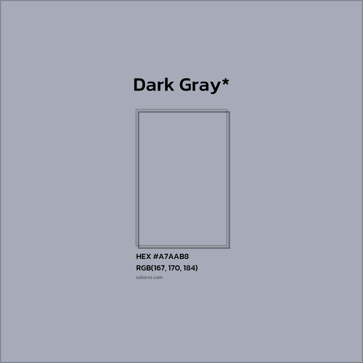 #A7AAB8 hex color. RGB, RYB, CMYK, HSL, HSV codes and color conversions. Matching color names, palettes, paints.