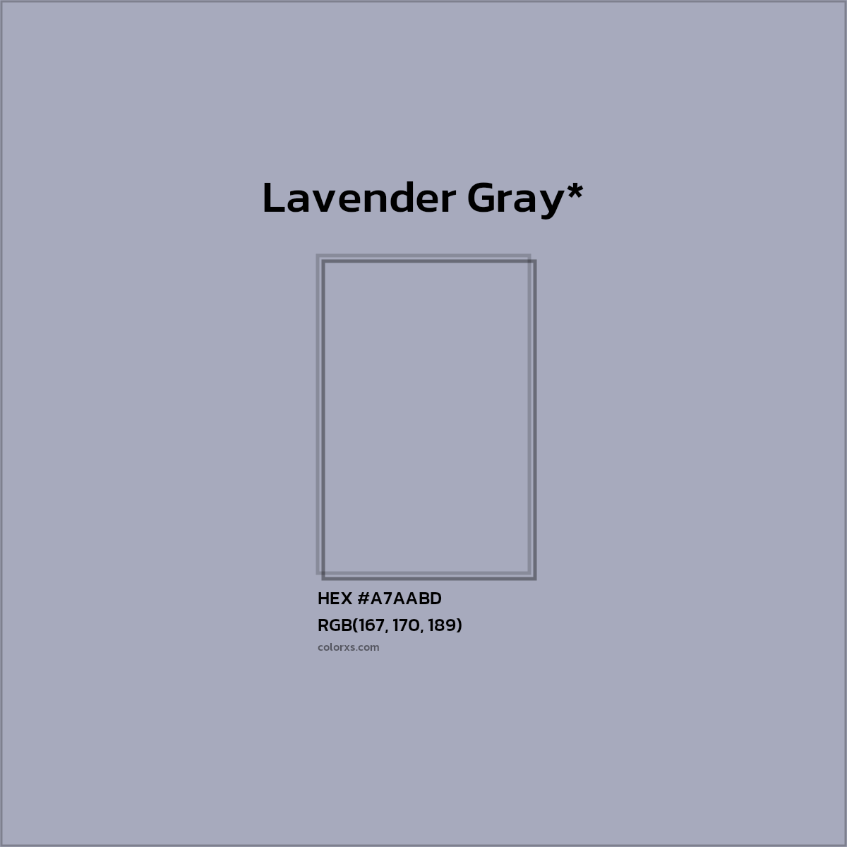 #A7AABD hex color. RGB, RYB, CMYK, HSL, HSV codes and color conversions. Matching color names, palettes, paints.