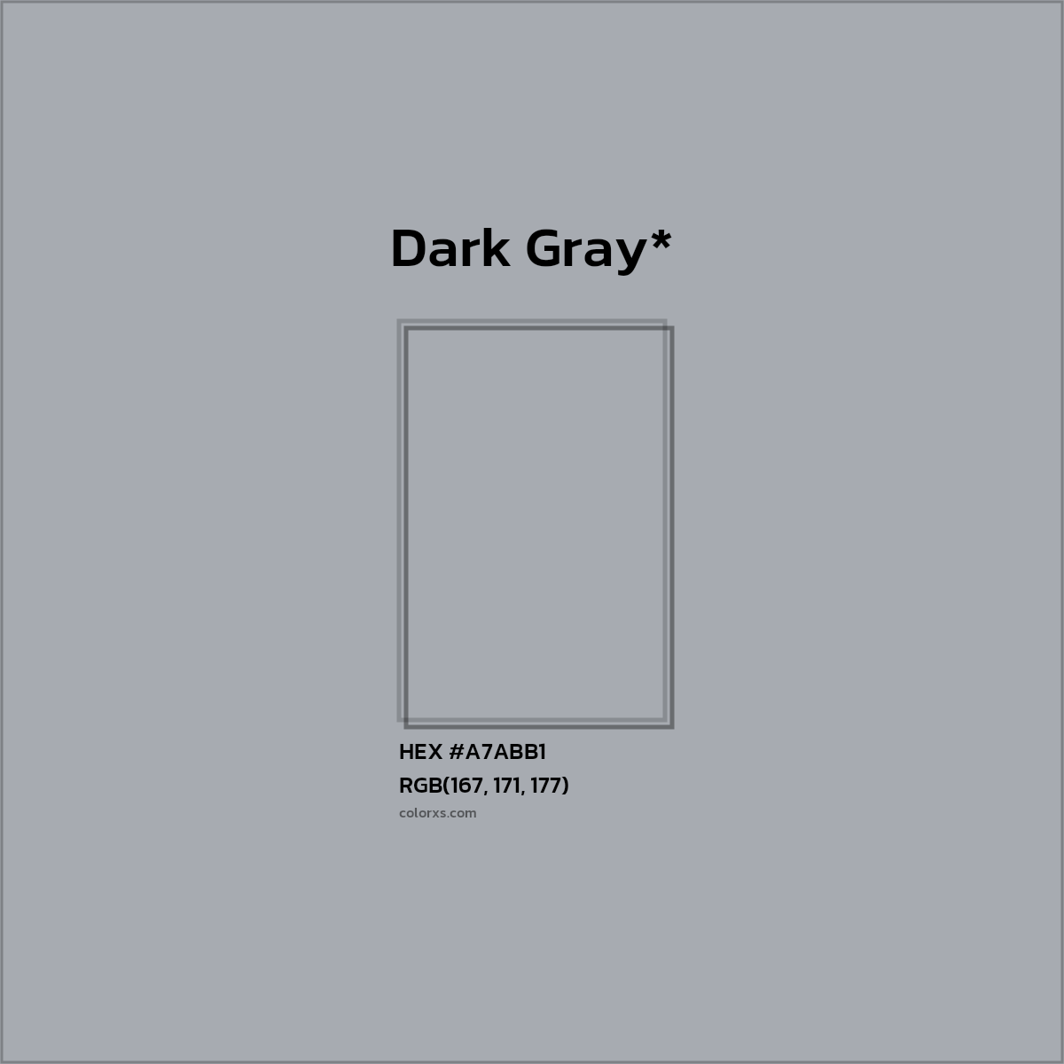 #A7ABB1 hex color. RGB, RYB, CMYK, HSL, HSV codes and color conversions. Matching color names, palettes, paints.