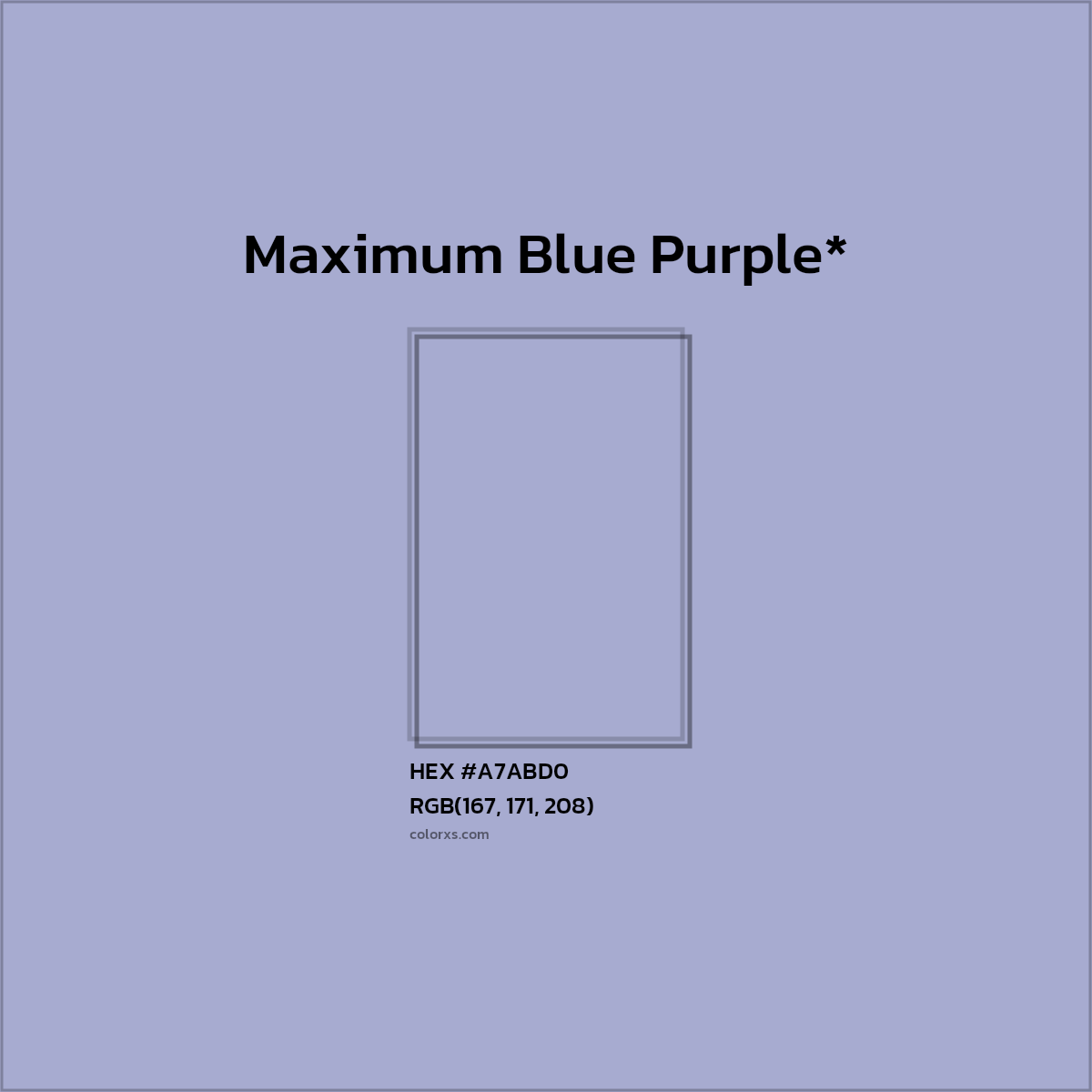 #A7ABD0 hex color. RGB, RYB, CMYK, HSL, HSV codes and color conversions. Matching color names, palettes, paints.