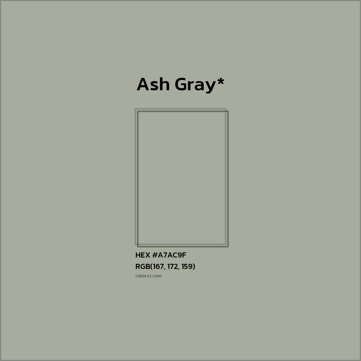 #A7AC9F hex color. RGB, RYB, CMYK, HSL, HSV codes and color conversions. Matching color names, palettes, paints.