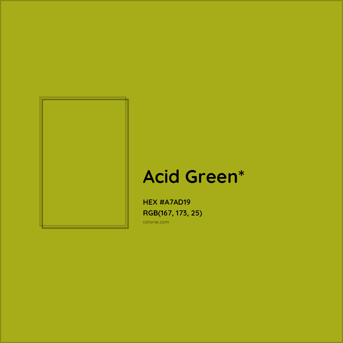 #A7AD19 hex color. RGB, RYB, CMYK, HSL, HSV codes and color conversions. Matching color names, palettes, paints.