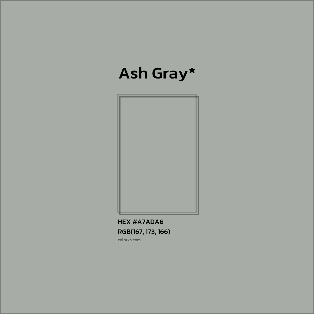 #A7ADA6 hex color. RGB, RYB, CMYK, HSL, HSV codes and color conversions. Matching color names, palettes, paints.