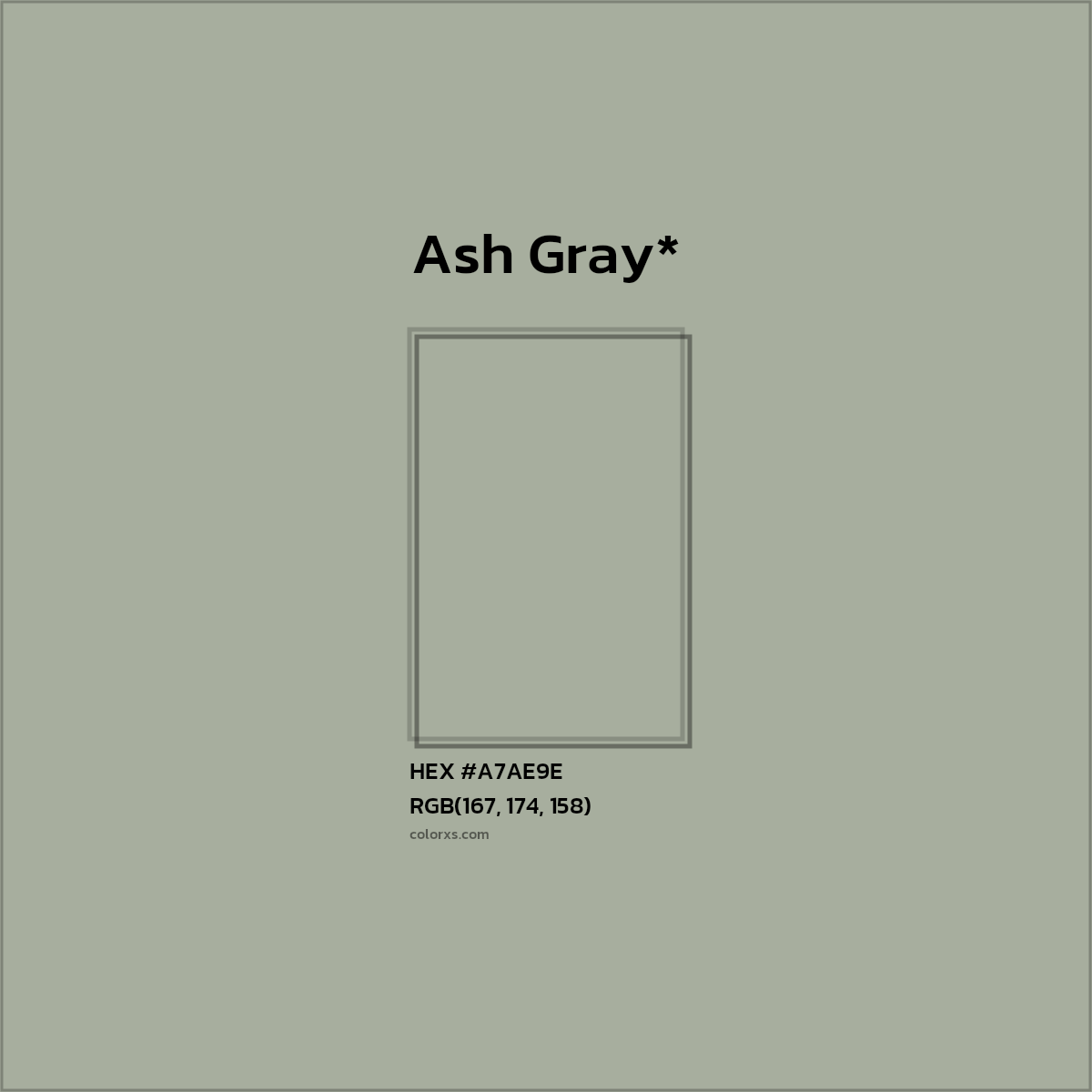 #A7AE9E hex color. RGB, RYB, CMYK, HSL, HSV codes and color conversions. Matching color names, palettes, paints.