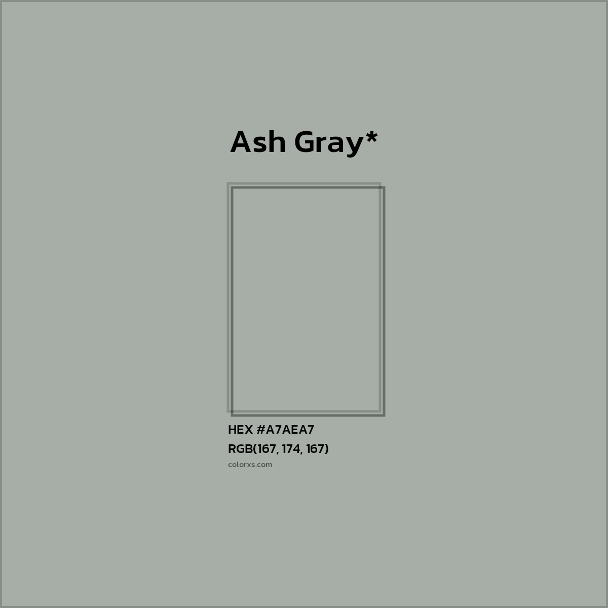 #A7AEA7 hex color. RGB, RYB, CMYK, HSL, HSV codes and color conversions. Matching color names, palettes, paints.