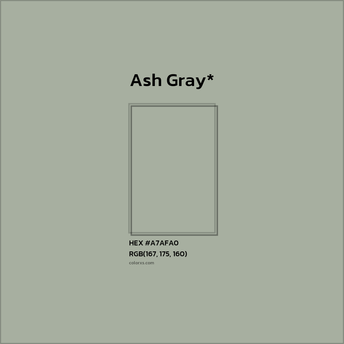 #A7AFA0 hex color. RGB, RYB, CMYK, HSL, HSV codes and color conversions. Matching color names, palettes, paints.