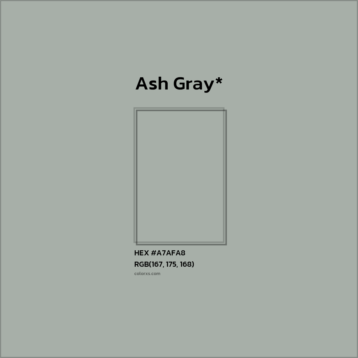 #A7AFA8 hex color. RGB, RYB, CMYK, HSL, HSV codes and color conversions. Matching color names, palettes, paints.