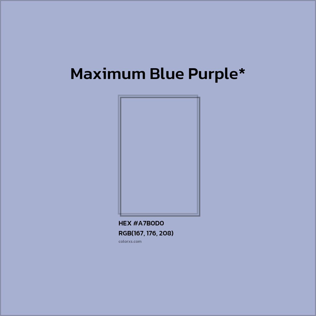 #A7B0D0 hex color. RGB, RYB, CMYK, HSL, HSV codes and color conversions. Matching color names, palettes, paints.
