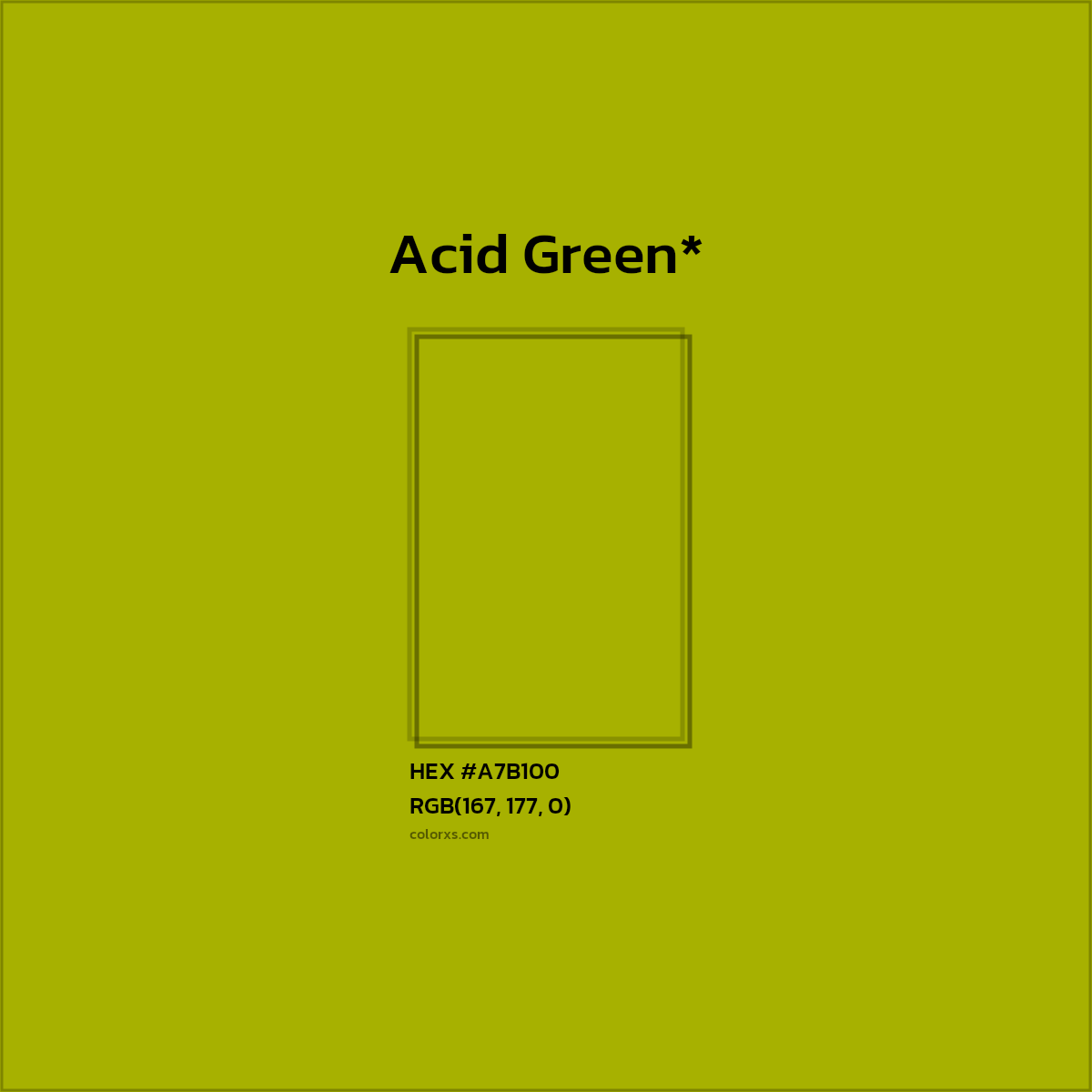 #A7B100 hex color. RGB, RYB, CMYK, HSL, HSV codes and color conversions. Matching color names, palettes, paints.