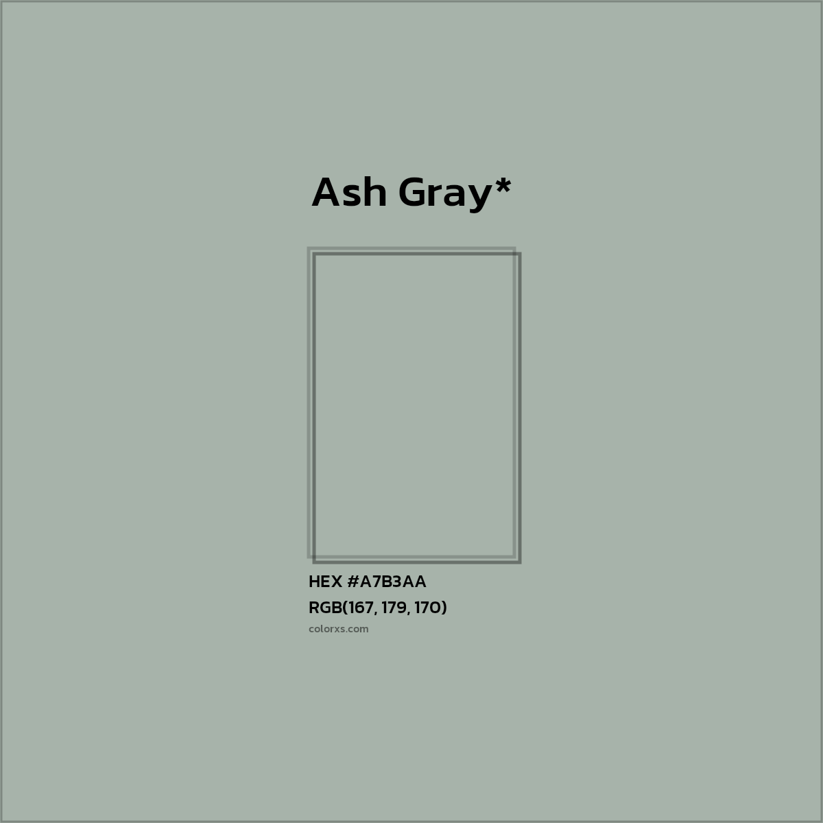 #A7B3AA hex color. RGB, RYB, CMYK, HSL, HSV codes and color conversions. Matching color names, palettes, paints.
