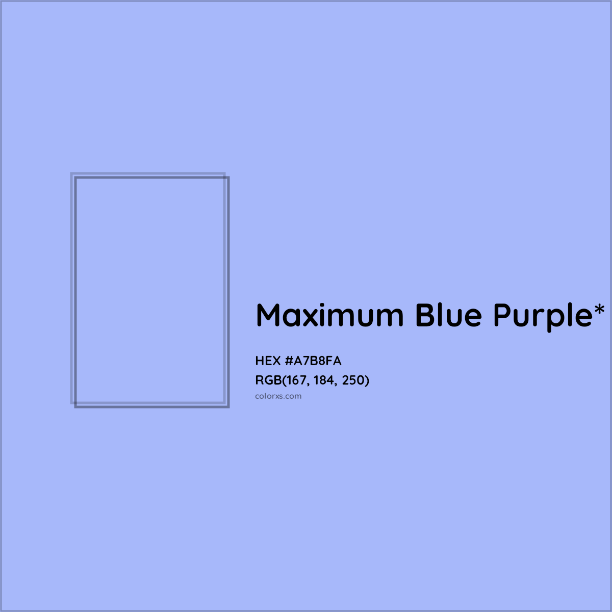 #A7B8FA hex color. RGB, RYB, CMYK, HSL, HSV codes and color conversions. Matching color names, palettes, paints.