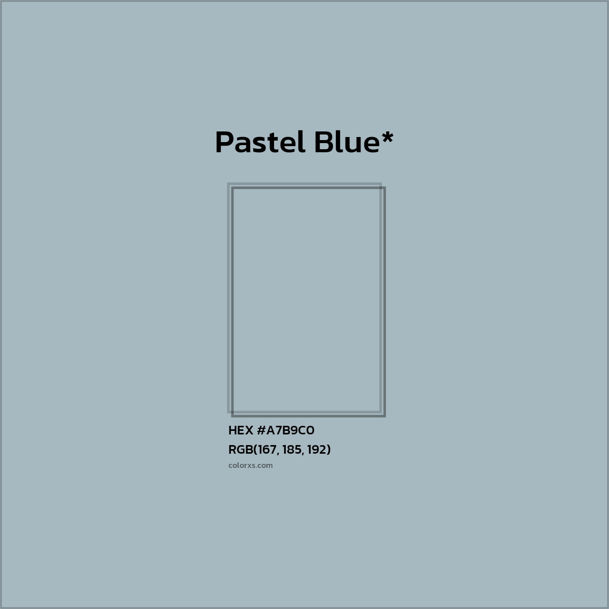 #A7B9C0 hex color. RGB, RYB, CMYK, HSL, HSV codes and color conversions. Matching color names, palettes, paints.