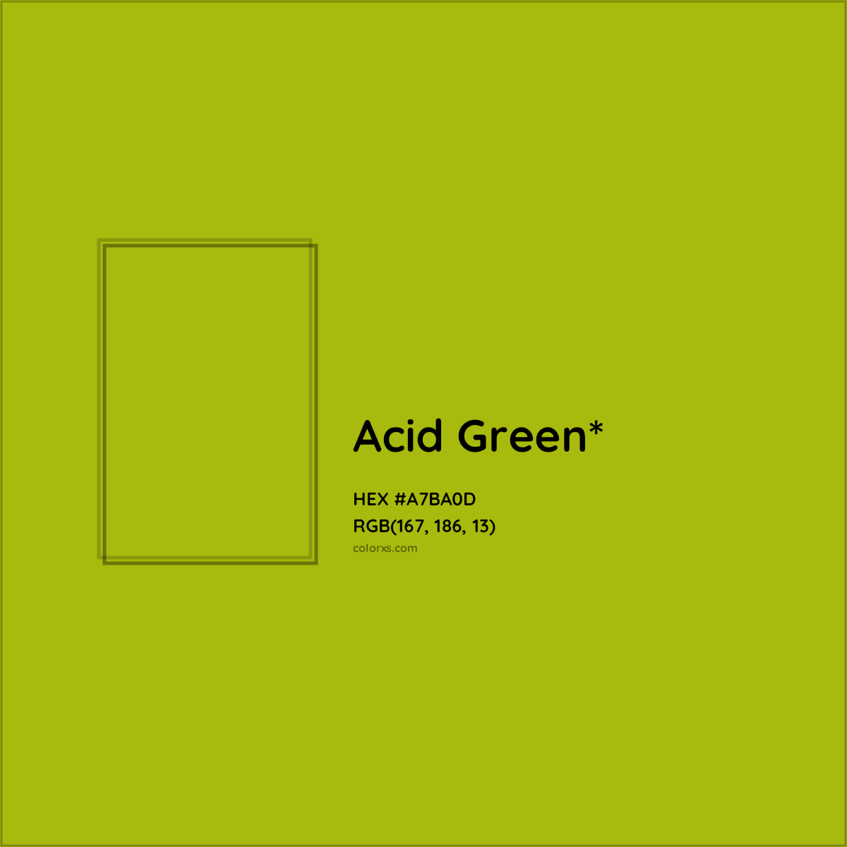 #A7BA0D hex color. RGB, RYB, CMYK, HSL, HSV codes and color conversions. Matching color names, palettes, paints.