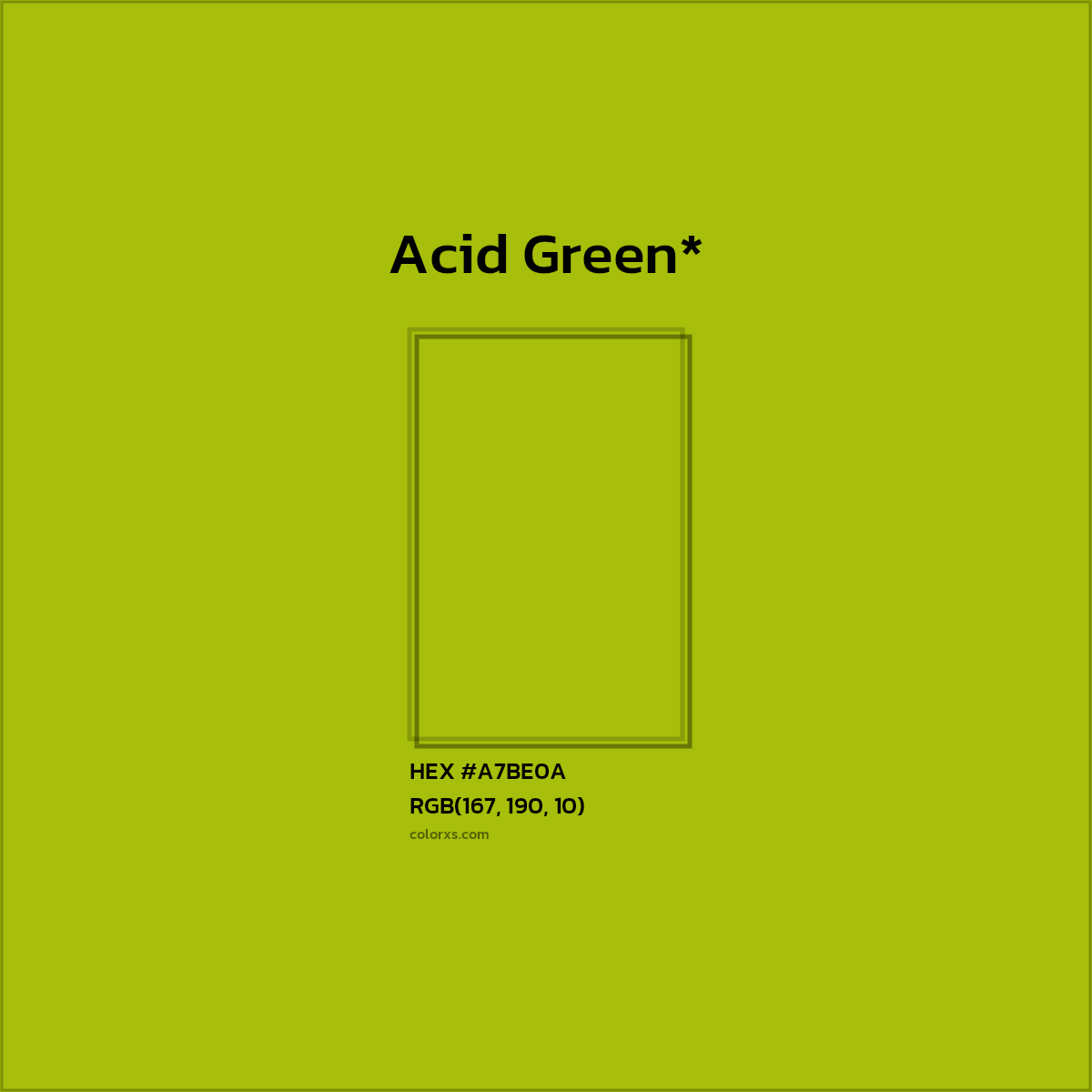 #A7BE0A hex color. RGB, RYB, CMYK, HSL, HSV codes and color conversions. Matching color names, palettes, paints.