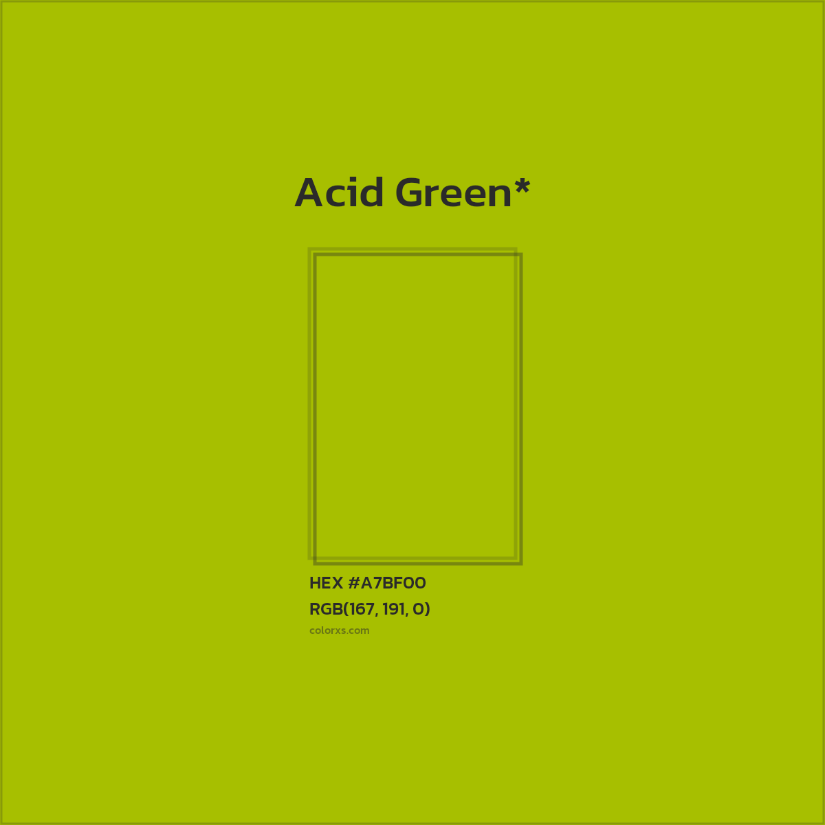 #A7BF00 hex color. RGB, RYB, CMYK, HSL, HSV codes and color conversions. Matching color names, palettes, paints.