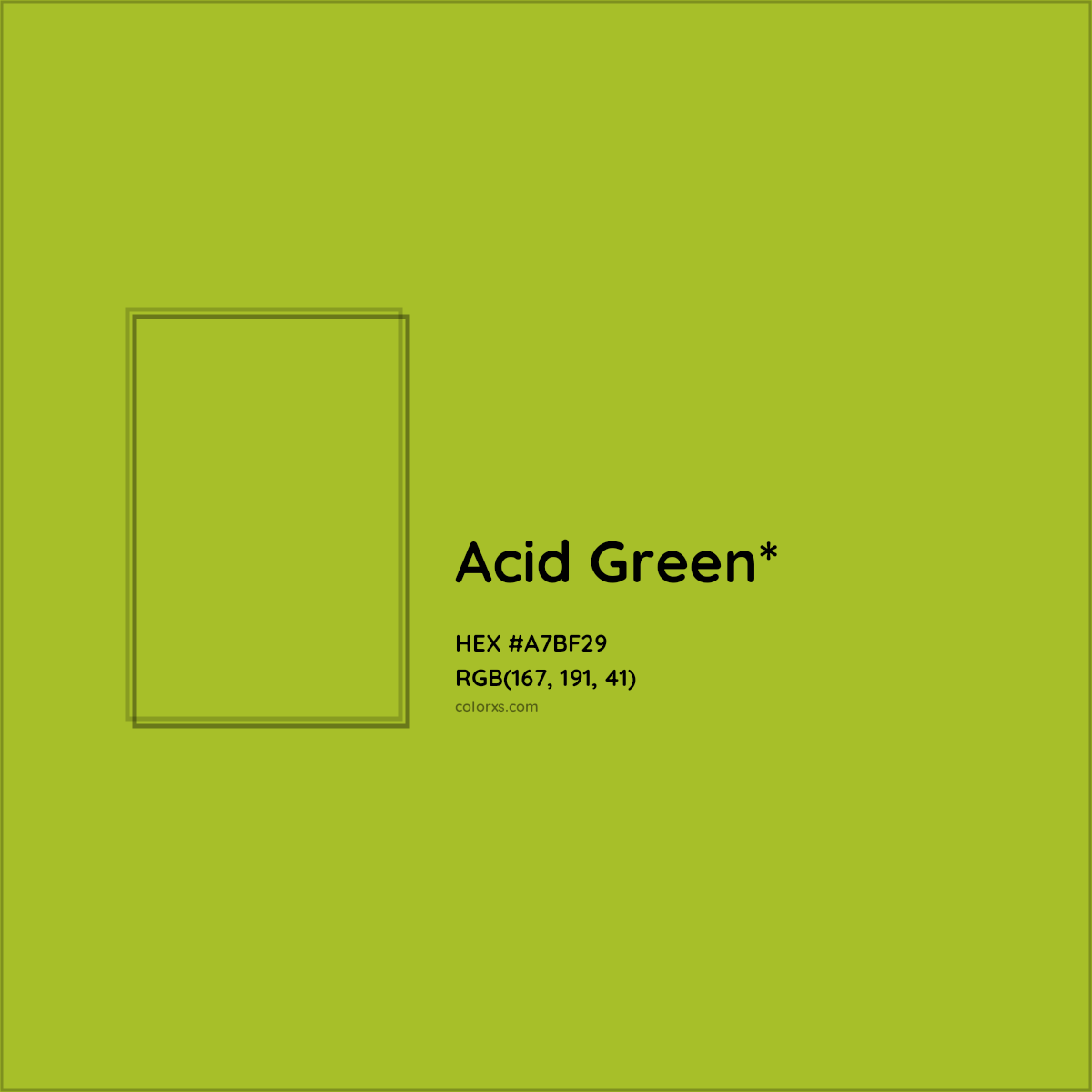 #A7BF29 hex color. RGB, RYB, CMYK, HSL, HSV codes and color conversions. Matching color names, palettes, paints.