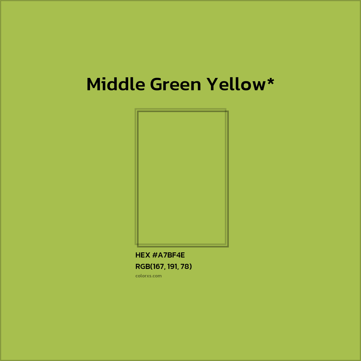 #A7BF4E hex color. RGB, RYB, CMYK, HSL, HSV codes and color conversions. Matching color names, palettes, paints.