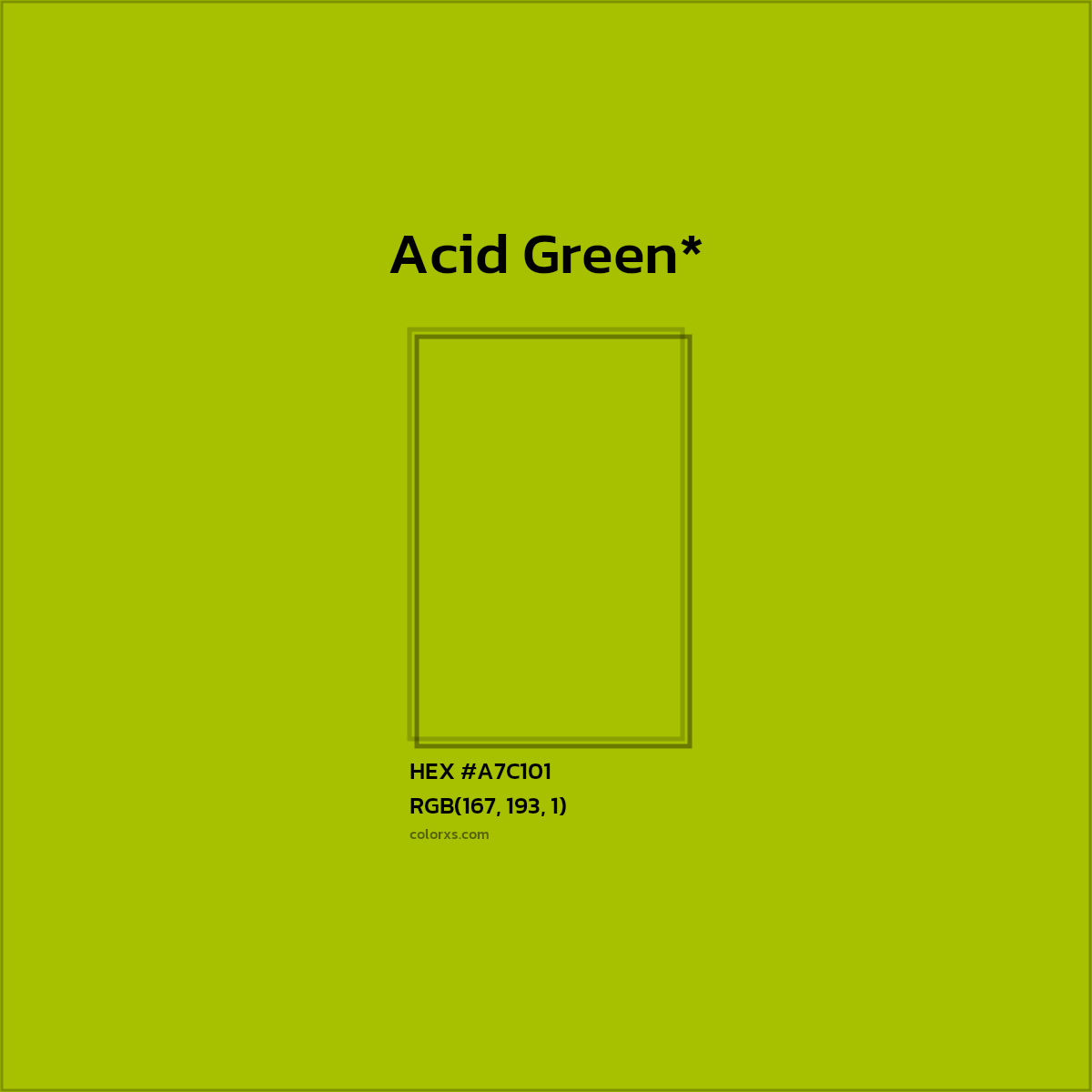 #A7C101 hex color. RGB, RYB, CMYK, HSL, HSV codes and color conversions. Matching color names, palettes, paints.